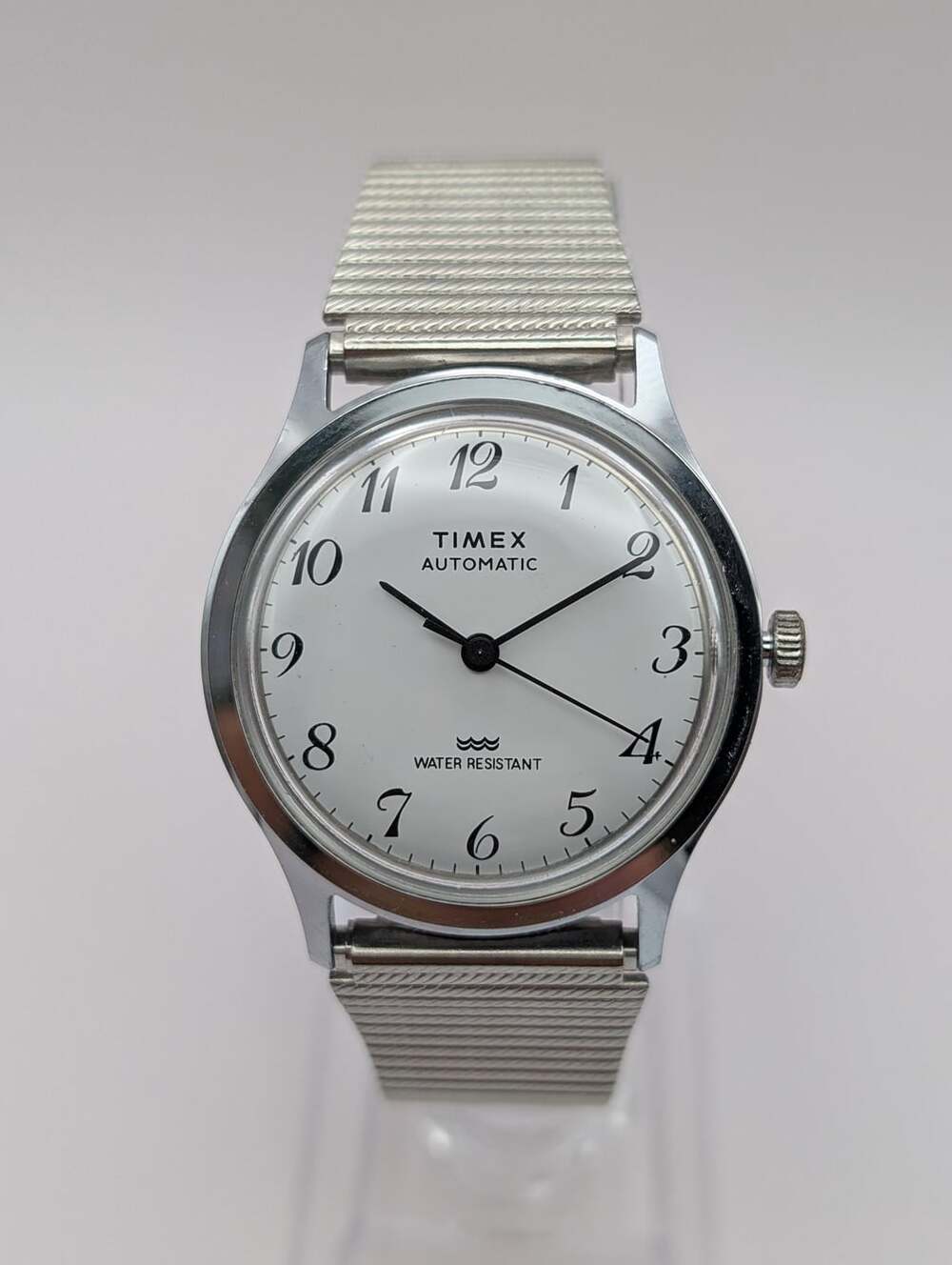 Vintage Timex Viscount Automatic Silver Tone Watch Pristine White Dial Mesh Brac